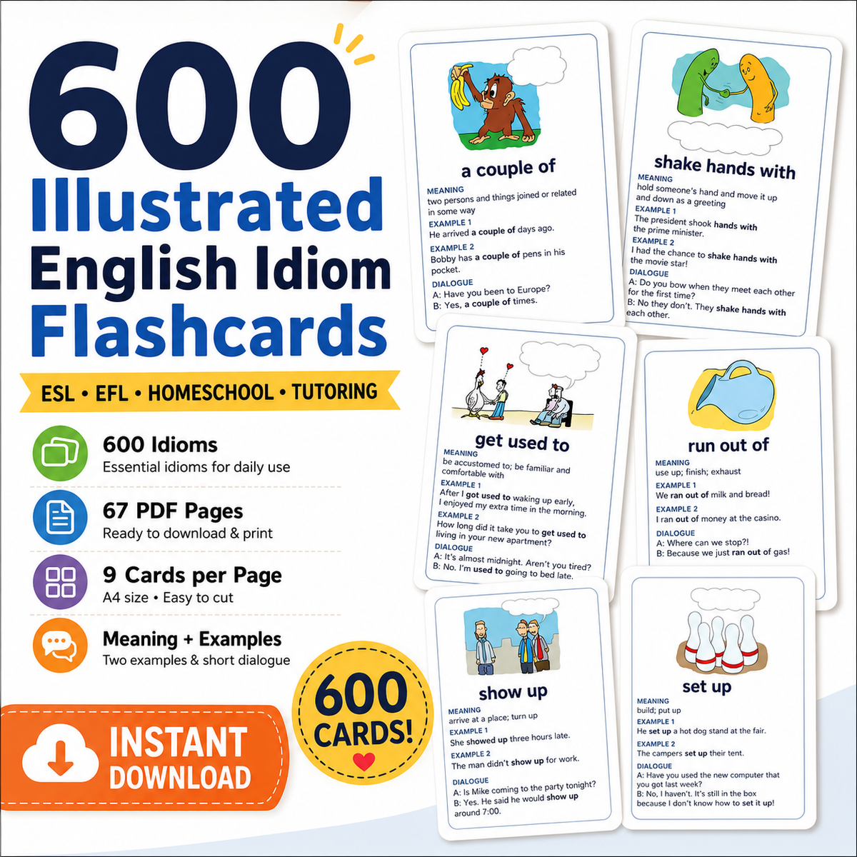 600 Illustrated English Idiom Flashcards – Printable ESL Learning Cards PDF