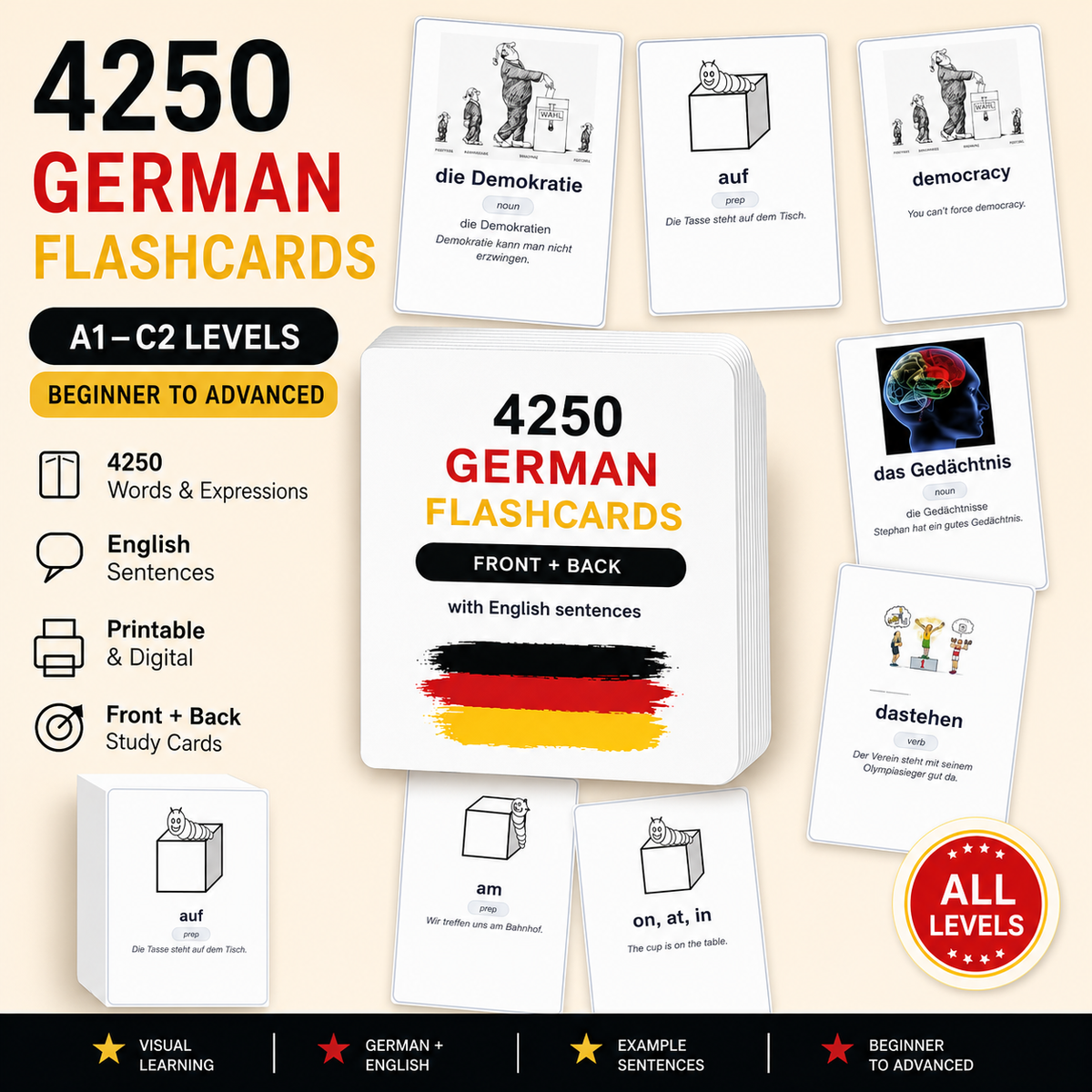 4250 German Vocabulary Flashcards | A1-C2 Levels, German-English Study Cards (PDF Download)